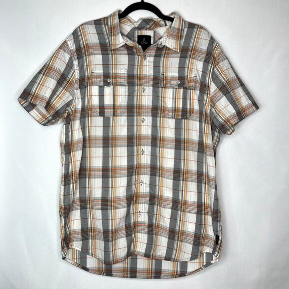 PrAna Mens XL Shirt Button Up Short Sleeves Plaid Flap Pockets - Picture 1 of 12